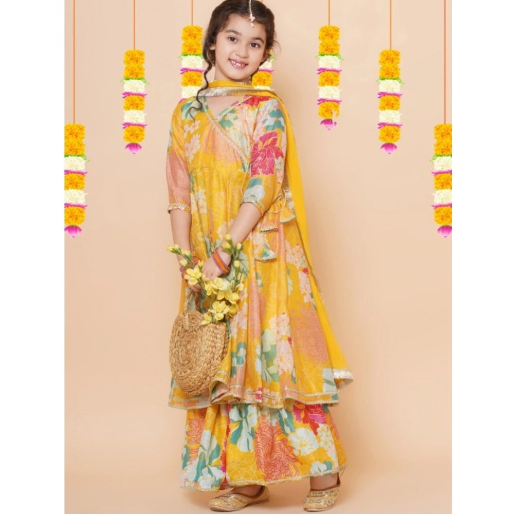 Yellow rayon printed codding lace anarkali suit with v neck and 3/4 sleeves