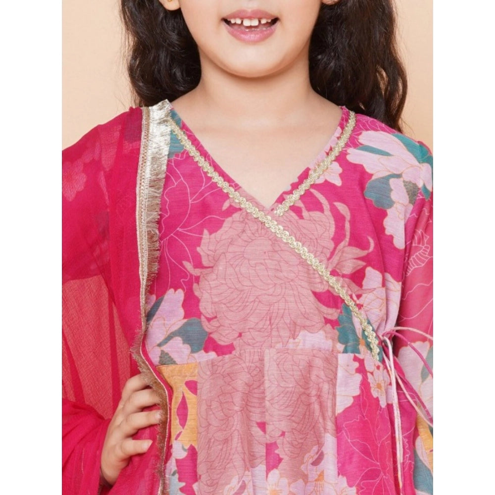 Pink rayon printed codding lace Anarkali-style suit for girls with 3/4th sleeves and V neck, on model