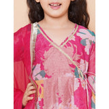 Pink rayon printed codding lace Anarkali-style suit for girls with 3/4th sleeves and V neck, on model