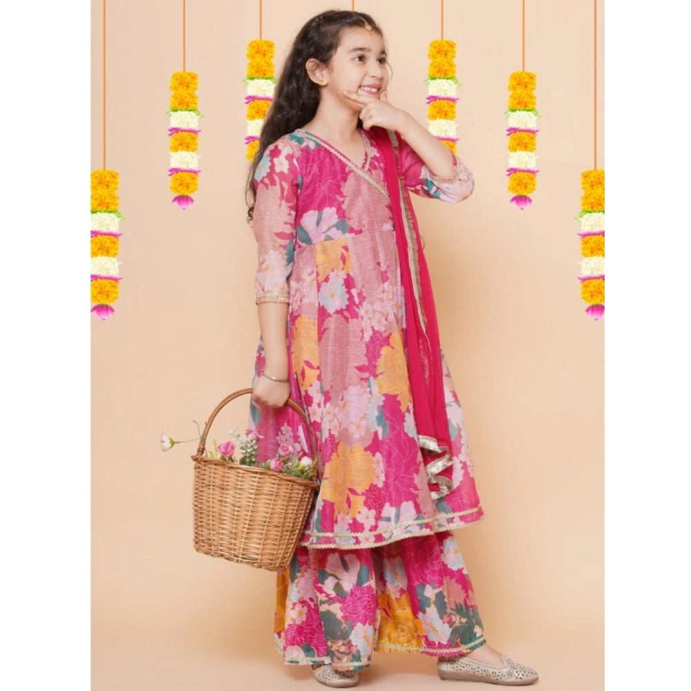 Pink Rayon Printed Codding Lace Anarkali-Style Suit for Girls, 3/4 sleeve V-neck style