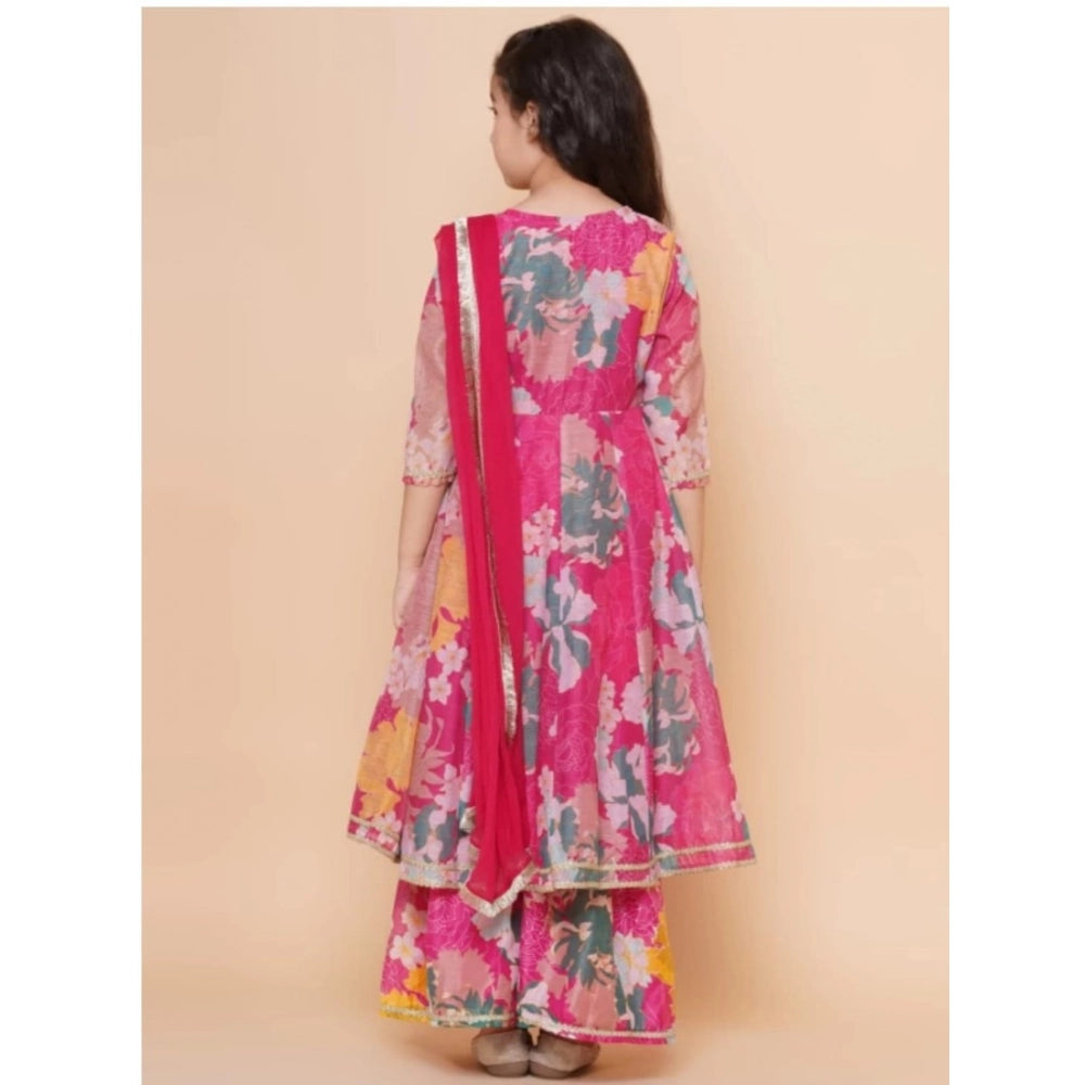 Pink Rayon Printed Codding Lace Anarkali-Style Girl's Suit - 3/4 sleeve, V-neck design