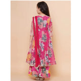 Pink Rayon Printed Codding Lace Anarkali-Style Girl's Suit - 3/4 sleeve, V-neck design