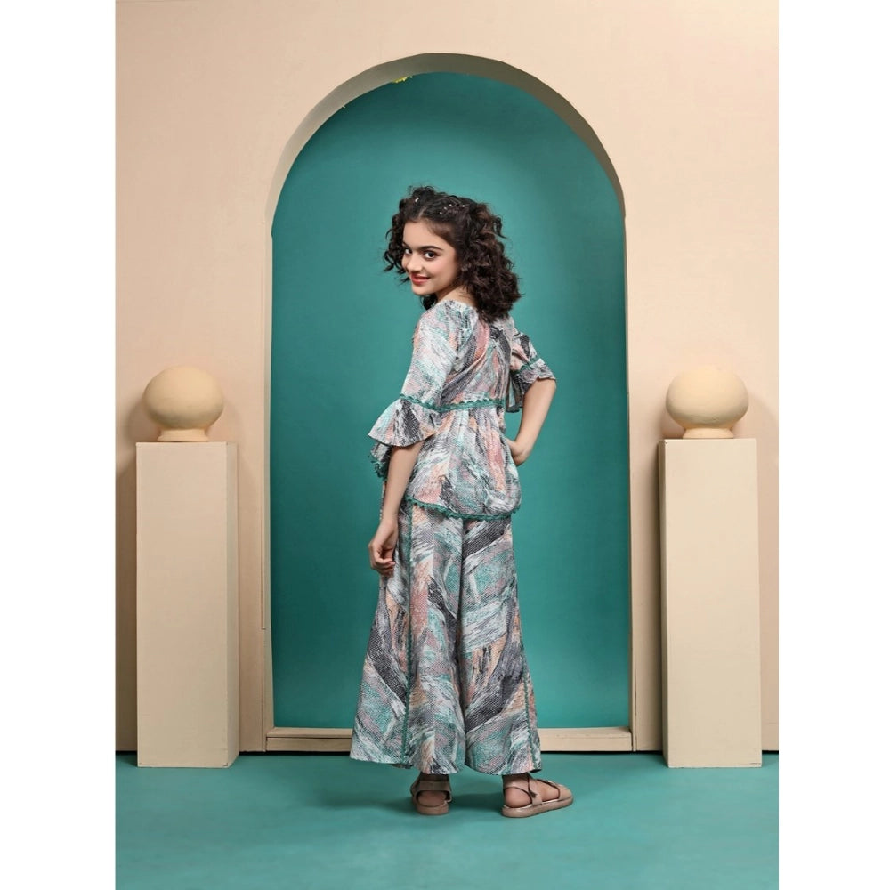 Multicolor Maslin printed girls' top and plazzo set, half sleeve, round neck