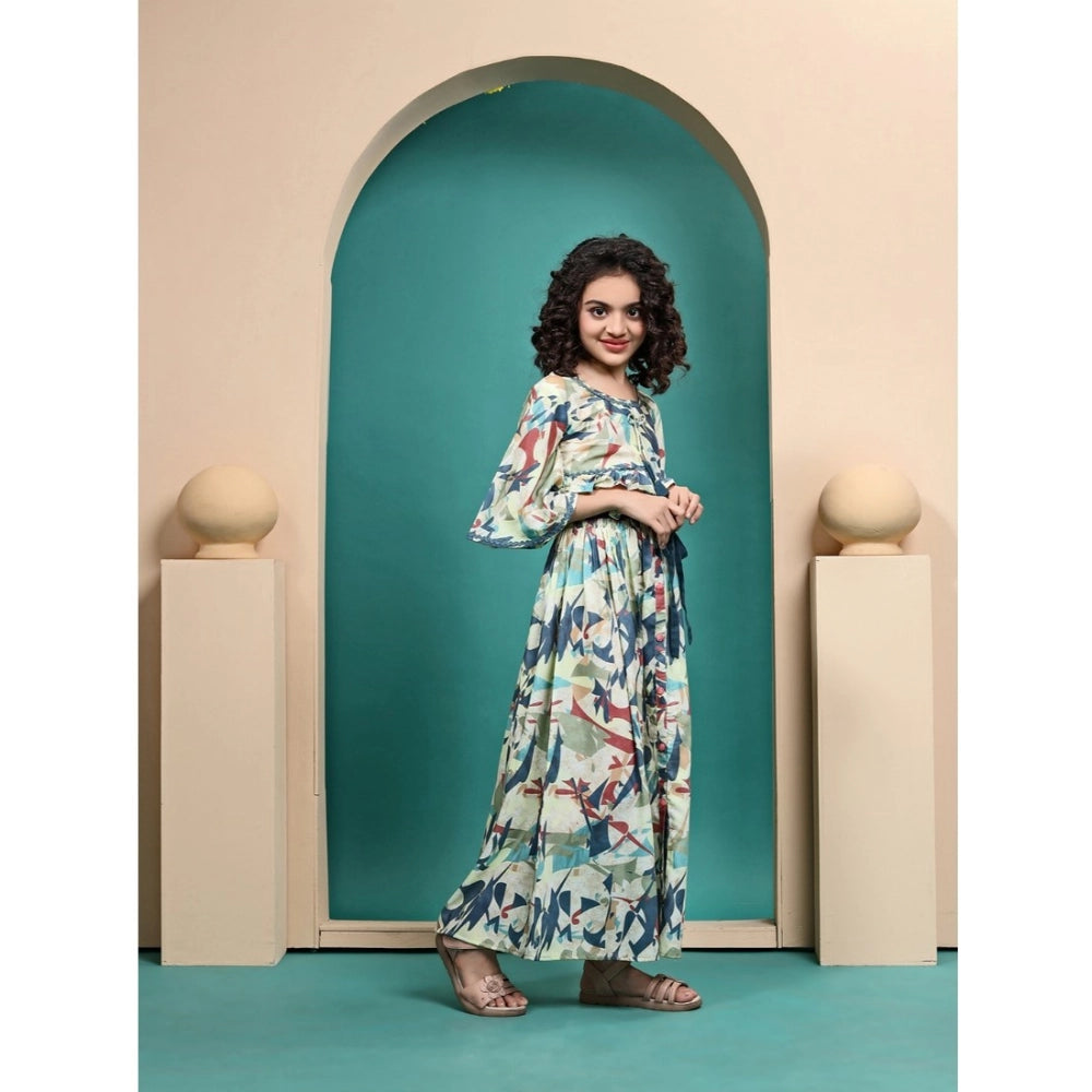 Multi-colored Maslin printed crop top and skirt set for girls, half sleeve, round neck