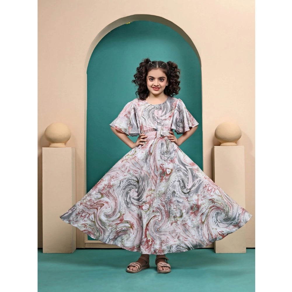 Multicolor maslin printed maxi length dress for girls, half sleeve with round neck design