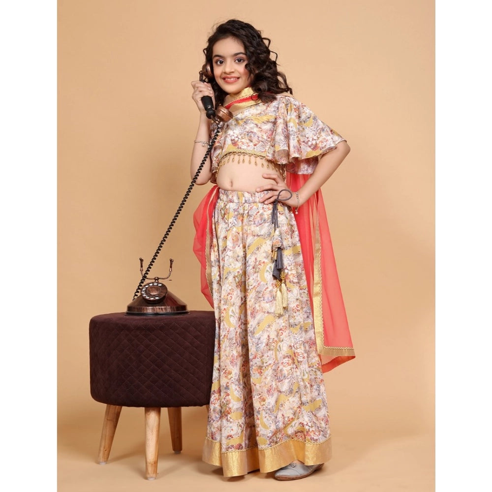 Beige chiffon printed lehenga choli set for girls, half sleeve V-neck traditional Indian attire on mannequin