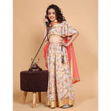 Beige chiffon printed lehenga choli set for girls, half sleeve V-neck traditional Indian attire on mannequin