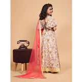 Beige chiffon printed girl's lehenga choli set, half sleeve V-neck traditional Indian attire for festivals