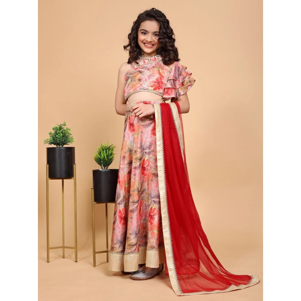 Peach chiffon printed girl's lehenga choli set with sleeveless off-shoulder design