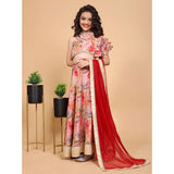 Peach chiffon printed girl's lehenga choli set with sleeveless off-shoulder design