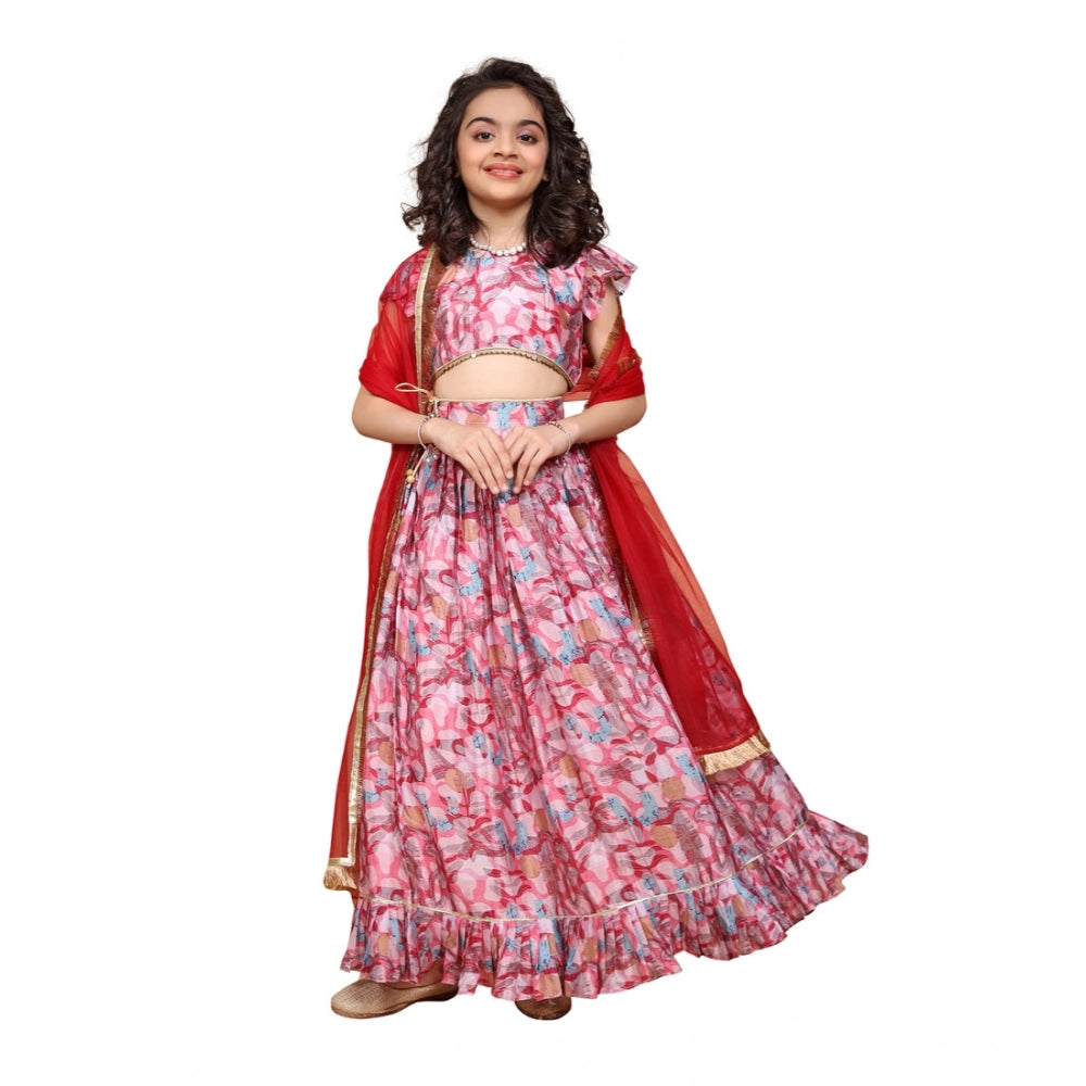 Pink chiffon printed lehenga choli set for girls, sleeveless and round neck design