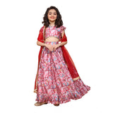 Pink chiffon printed lehenga choli set for girls, sleeveless and round neck design
