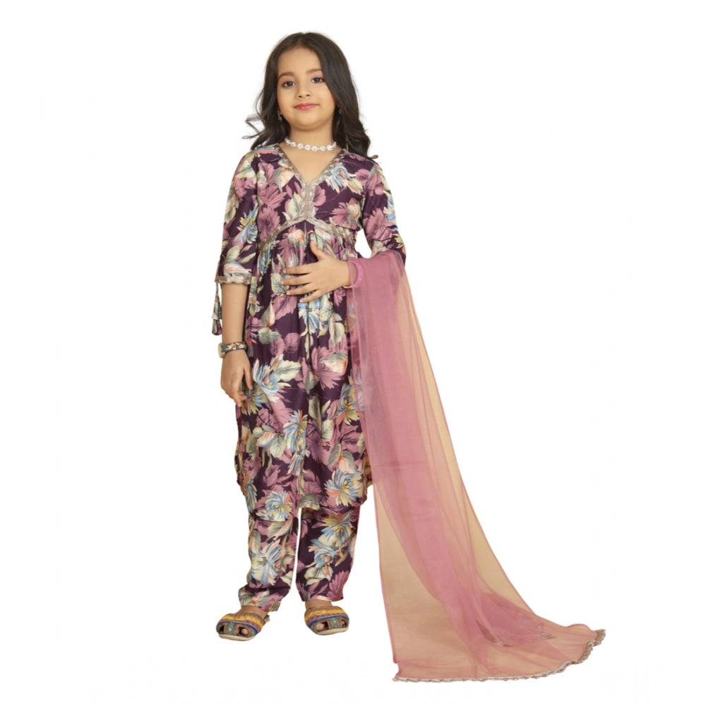 Purple Maslin Embroidery Lace Aliya Cut Top & Bottom Dupatta Set on hanger, vintage-inspired traditional Indian attire