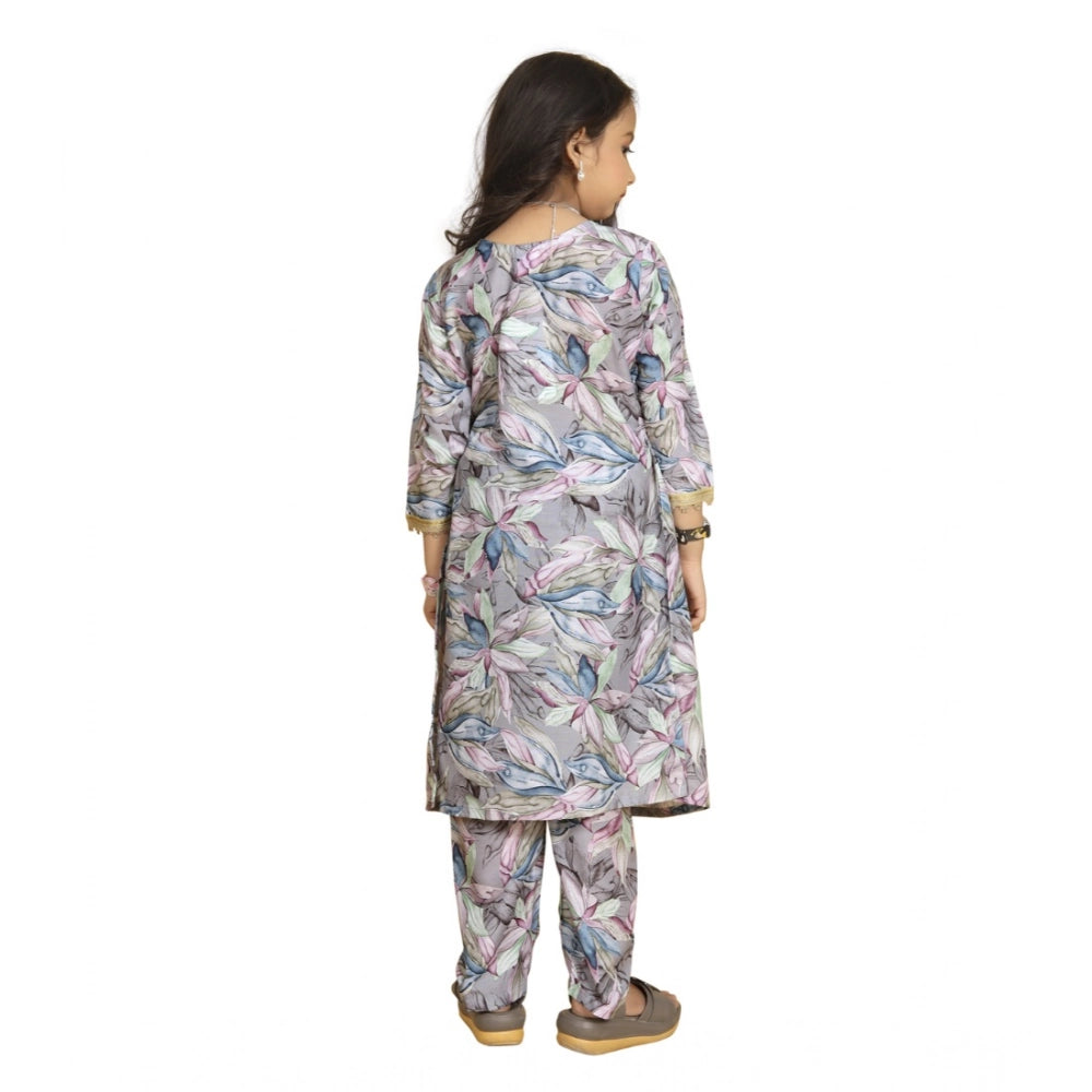 Grey Maslin Embroidery Lace Aliya Cut Top & Dupatta Set - V-neck, 3-4th sleeve style
