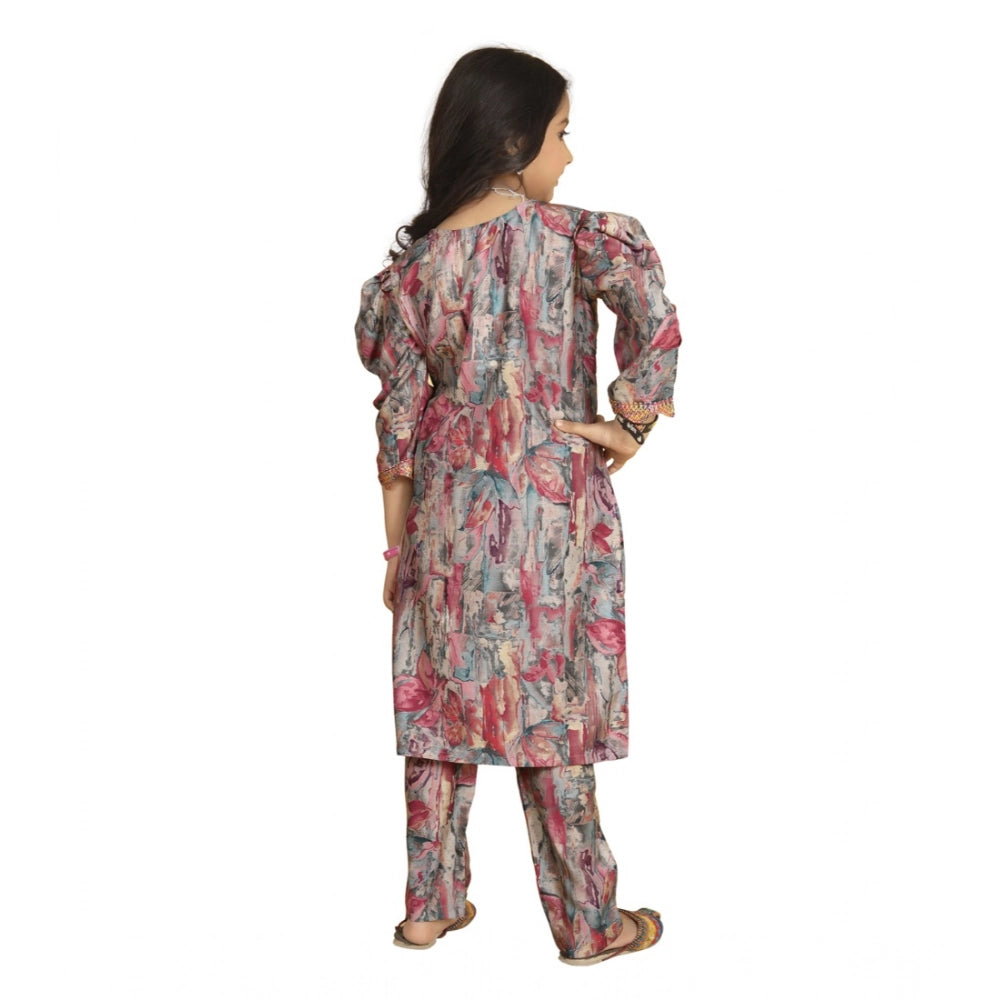 Multicolor Maslin Embroidery Lace Aliya Cut Top & Bottom Dupatta Set, featuring 3-4th sleeve V-neck design