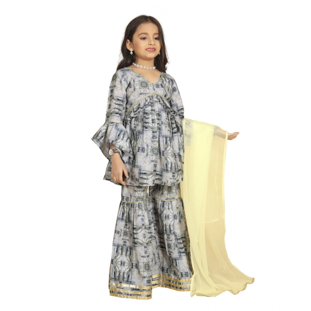 Grey Maslin Embroidery Lace Aliya Cut Top with Sharara Dupatta Set - Traditional Indian girls' attire, 3/4th sleeve V-neck