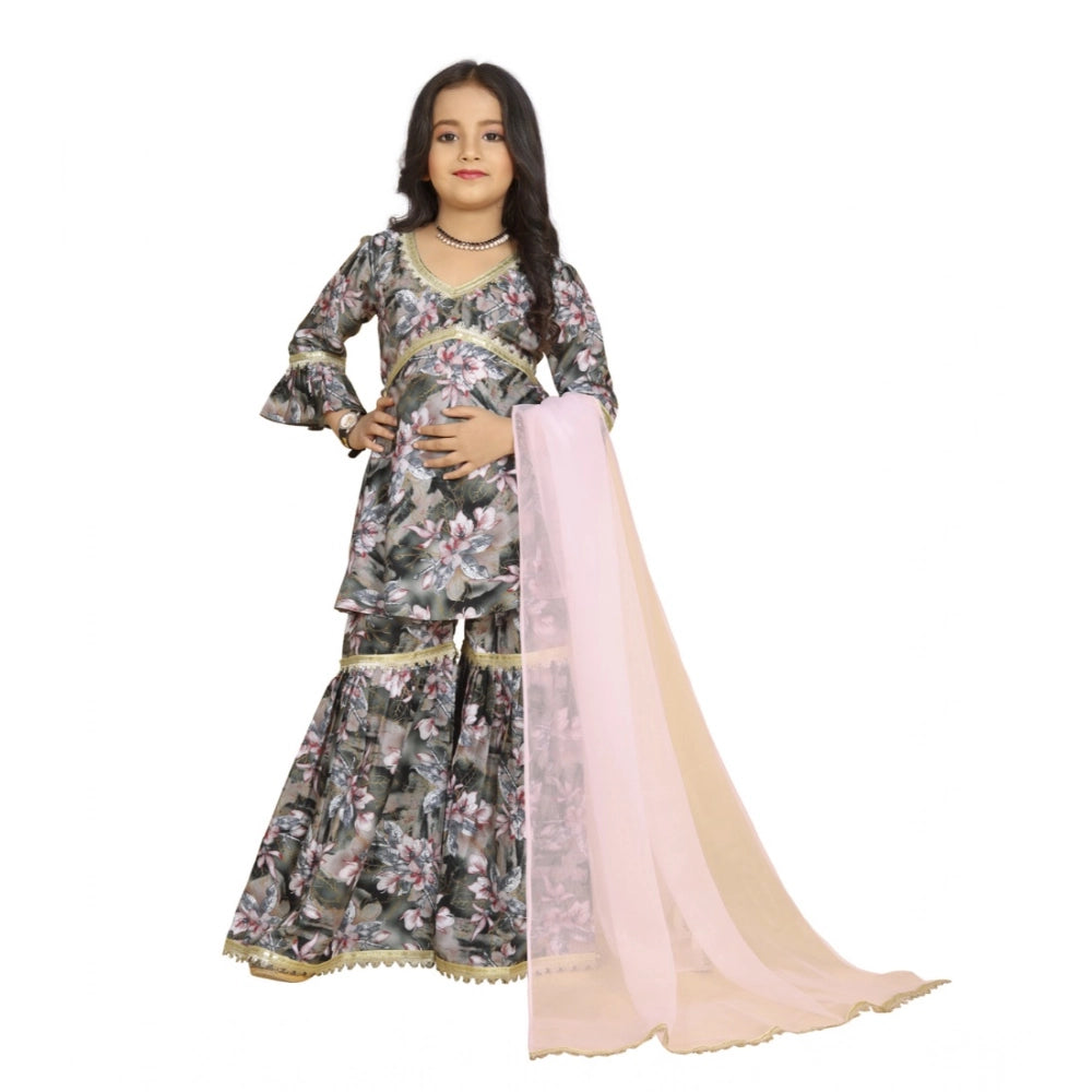 Grey pink Maslin embroidery lace Aliya cut top with Sharara dupatta set on mannequin