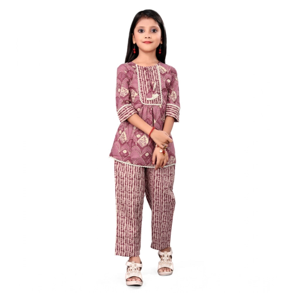 Purple cotton printed girls' top & bottom set with 3/4 sleeves, round neck, vibrant pattern