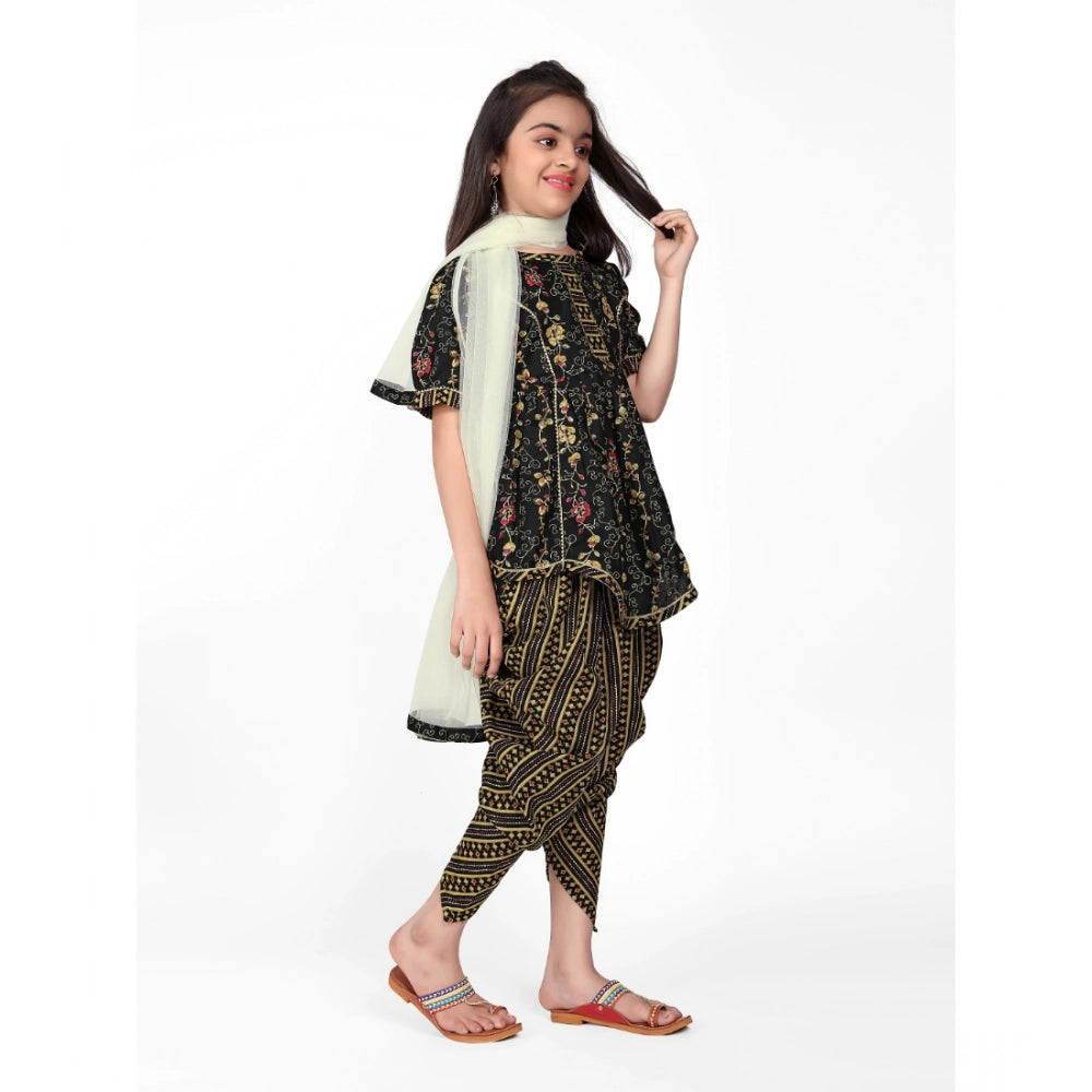 Black cotton printed kurti with dhoti dupatta set - half sleeve, round neck style for girls