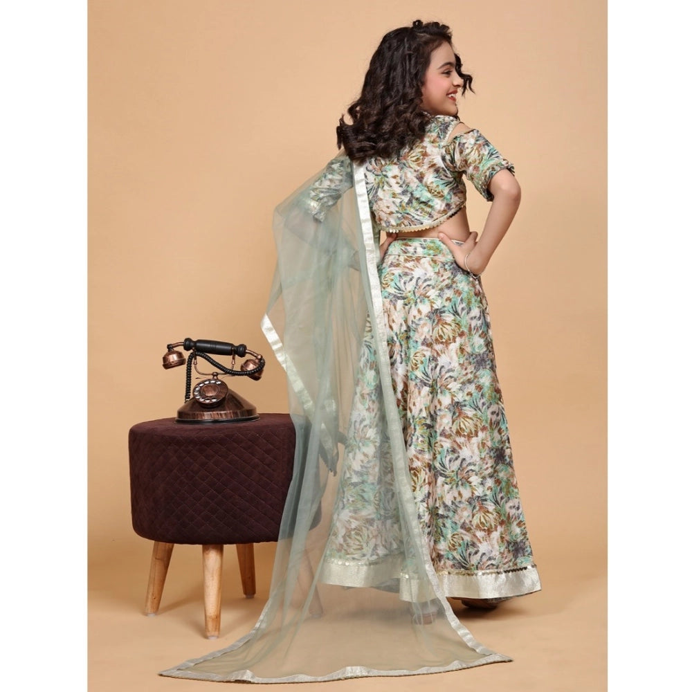 Green chiffon printed lehenga choli set for girls, half-sleeve V-neck design