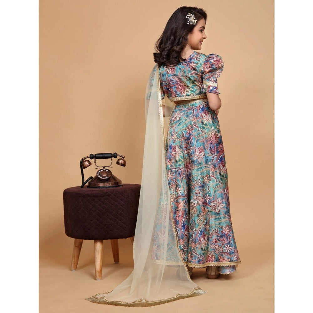 Multicolor chiffon printed lehenga-choli set, half sleeve, v-neck for girls' traditional Indian fashion
