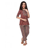 Brown cotton printed girl's top & bottom set, 3/4 sleeve round neck, vibrant pattern design