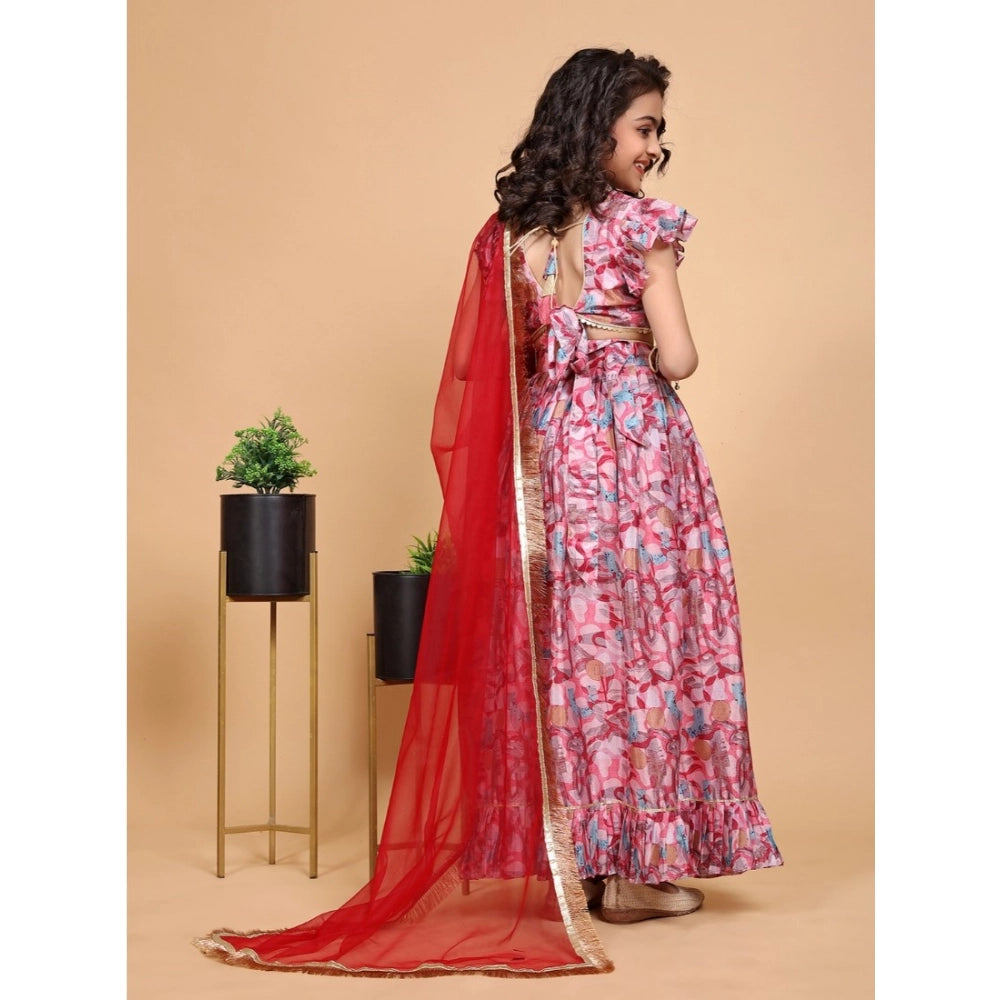 Pink chiffon printed girl's lehenga-choli set, sleeveless round neck design for traditional Indian events