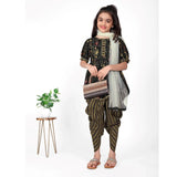 Black cotton printed kurti set with dhoti dupatta, half sleeve, round neck style for girls