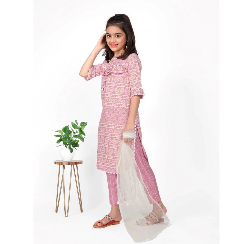 Baby Pink Cotton Printed Girl's Kurti Set with Bottom Dupatta, three-quarter sleeves, round neck, traditional Indian wear on display