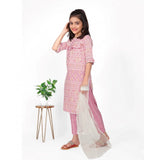 Baby Pink Cotton Printed Girl's Kurti Set with Bottom Dupatta, three-quarter sleeves, round neck, traditional Indian wear on display