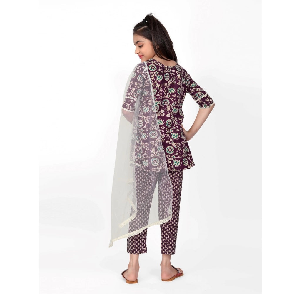 Brown cotton printed kurti set with bottom dupatta, half sleeve, round neck, suitable for girls' fashion