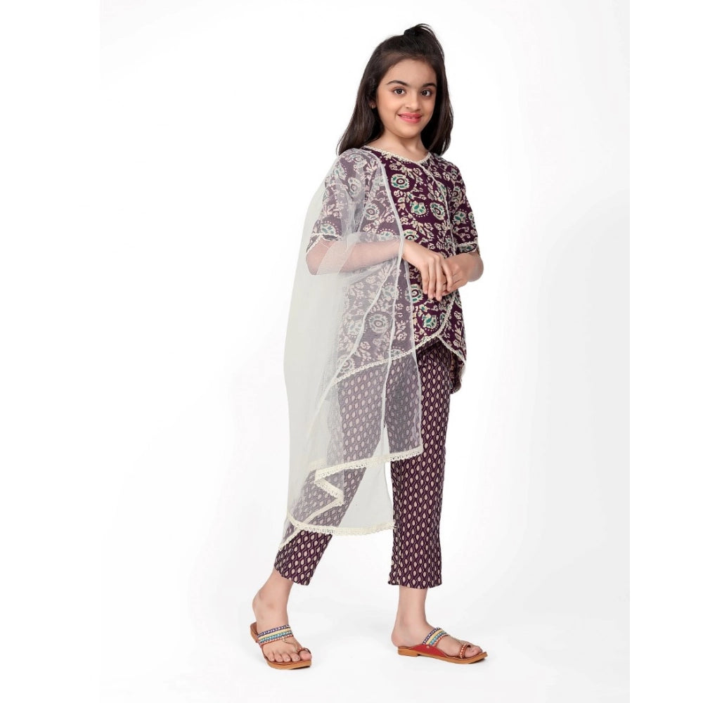 Brown cotton printed kurti set with bottom dupatta, half sleeve, round neck design for girls' fashion
