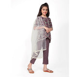 Brown cotton printed kurti set with bottom dupatta, half sleeve, round neck design for girls' fashion