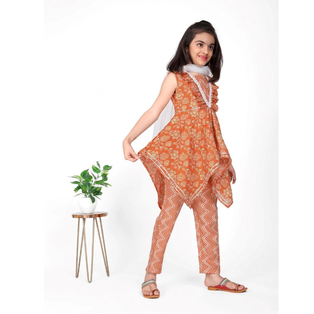 Orange cotton printed kurti with bottom dupatta set, sleeveless V-neck style for girls