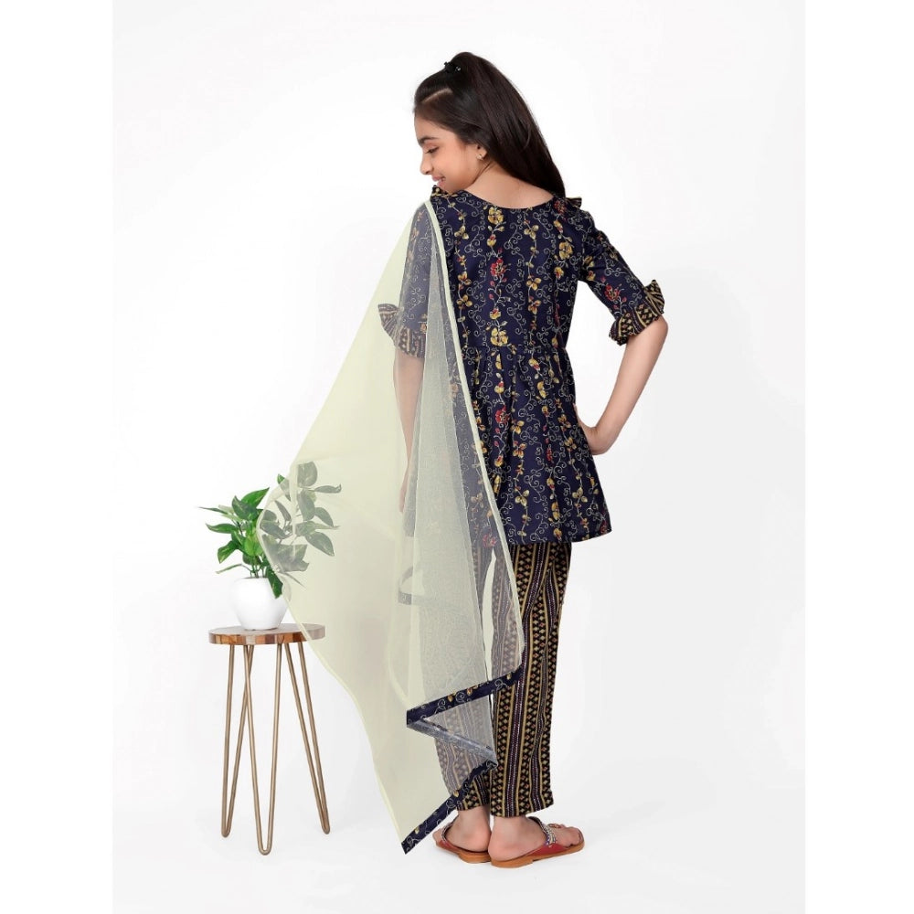 Dark blue cotton printed kurti set with bottom dupatta, vibrant floral pattern on 3/4 sleeves V-neck style