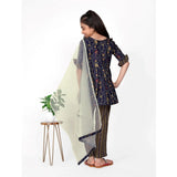 Dark blue cotton printed kurti set with bottom dupatta, vibrant floral pattern on 3/4 sleeves V-neck style