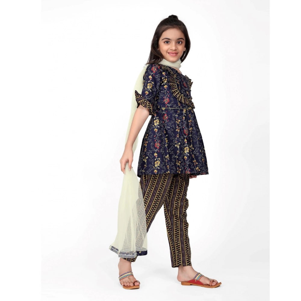 Dark blue cotton printed kurti & dupatta set, vibrant floral pattern with v-neck and 3/4th sleeves