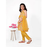 Yellow cotton printed kurti with bottom dupatta set, sleeveless round neck style for girls' fashion