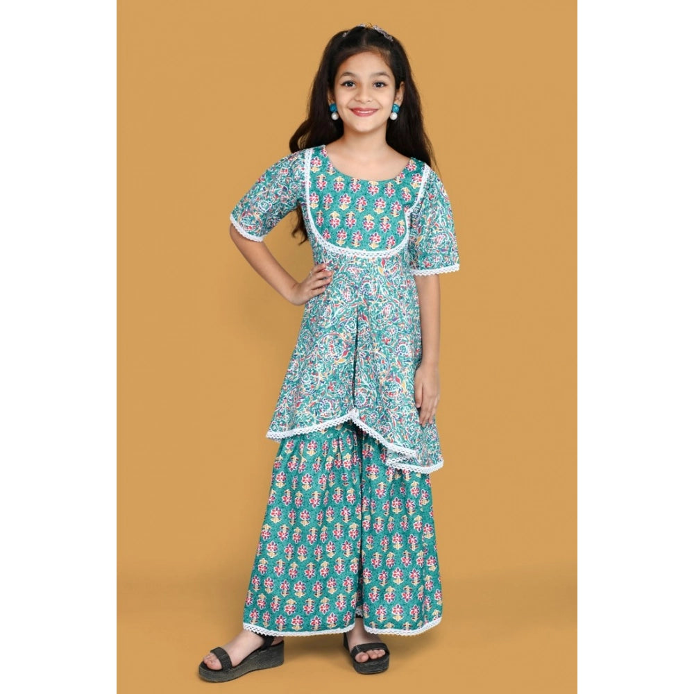 Teal silk blend floral printed shiffli lace top sharara & dupatta set, half sleeve, round neck