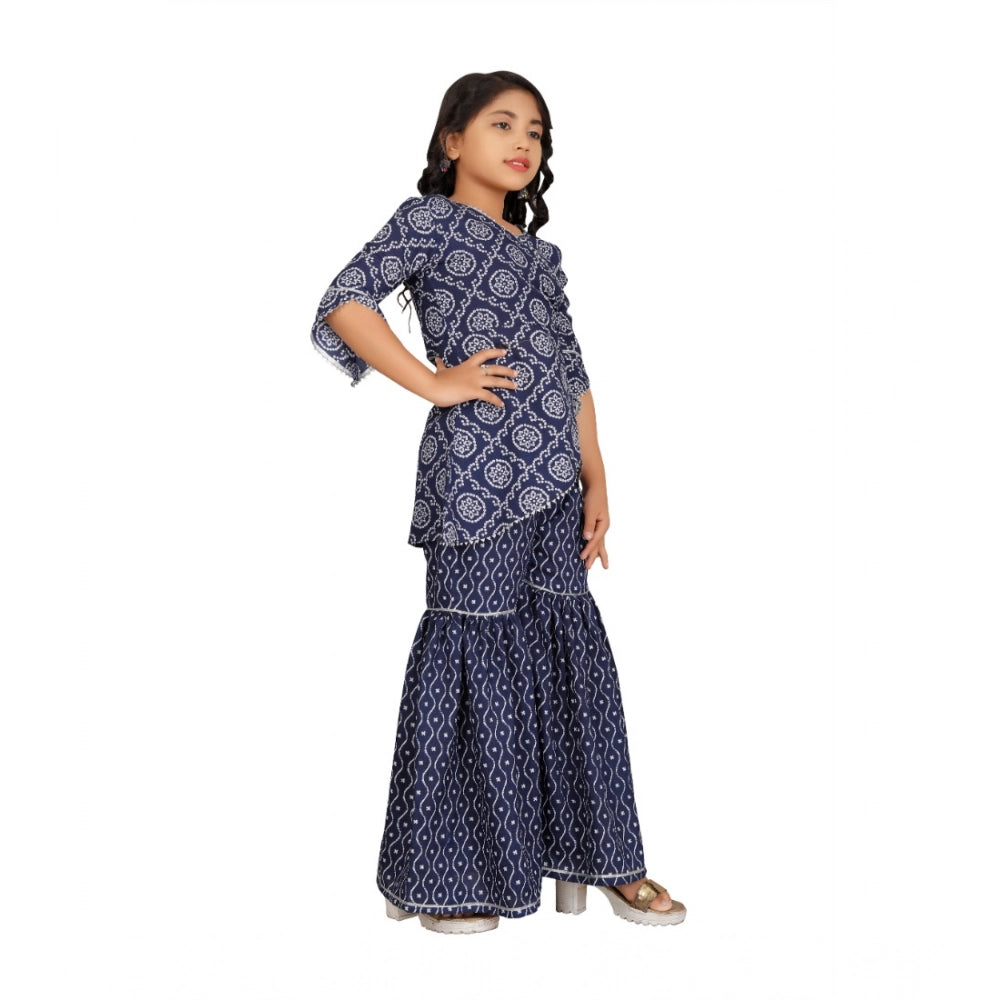 Blue cotton rayon printed girl's top and sharara set, vibrant print on 3/4 sleeve V-neck top with matching sharara bottoms