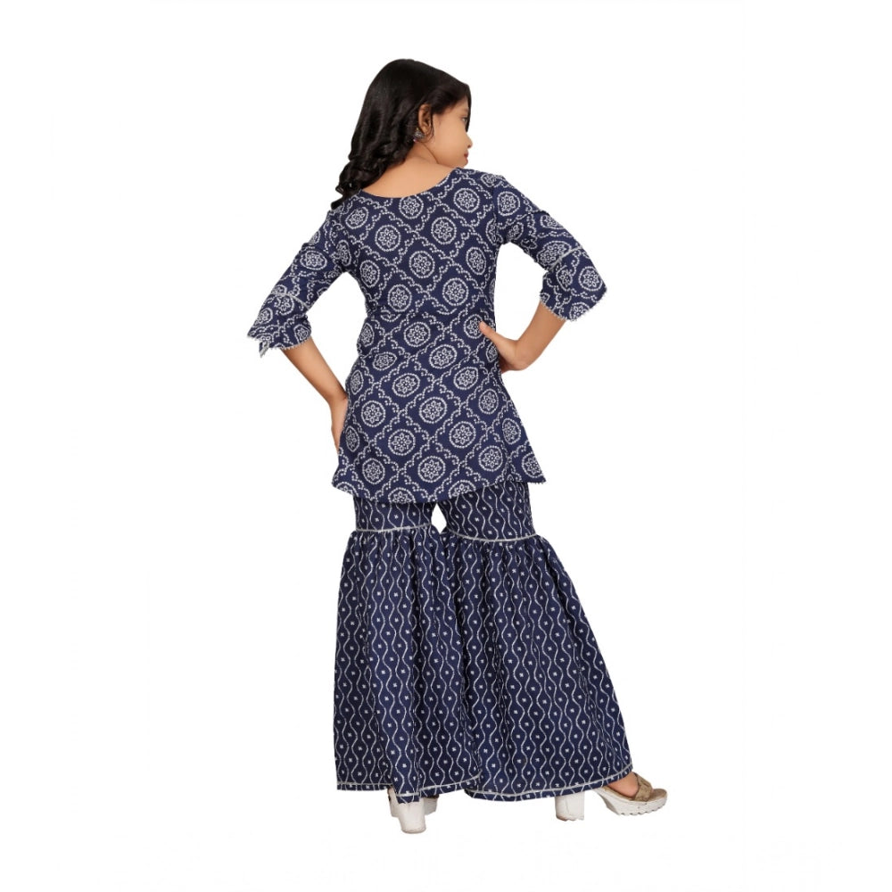 Blue cotton rayon printed top and sharara set for girls with v-neck and 3/4th sleeves