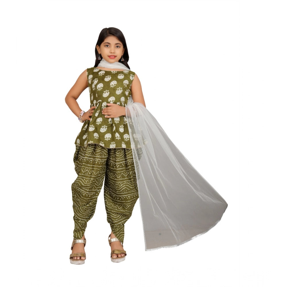 Green cotton rayon printed girl's top set with dhoti and dupatta - sleeveless, round neck, vibrant patterns