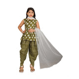 Green cotton rayon printed girl's top set with dhoti and dupatta - sleeveless, round neck, vibrant patterns
