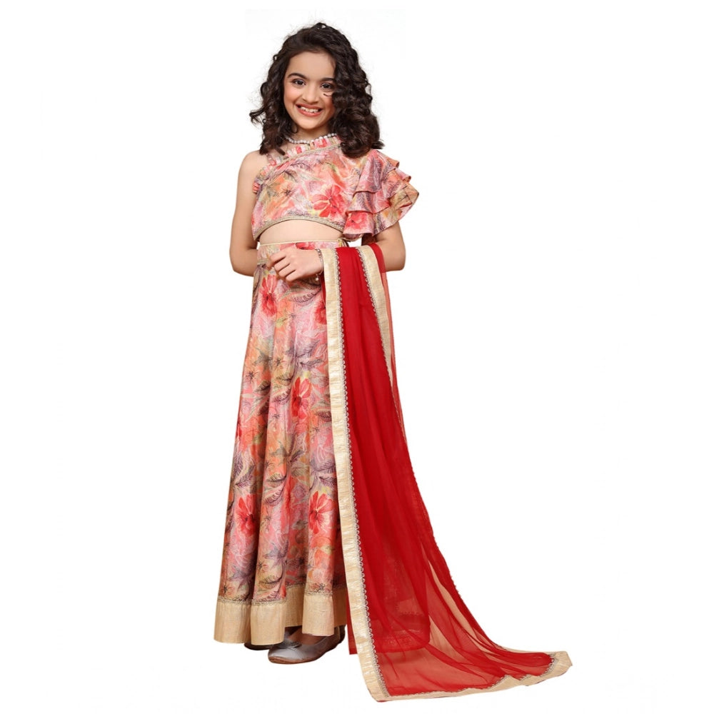 Peach chiffon printed lehenga choli set for girls, sleeveless off-shoulder style, vibrant pattern on soft fabric
