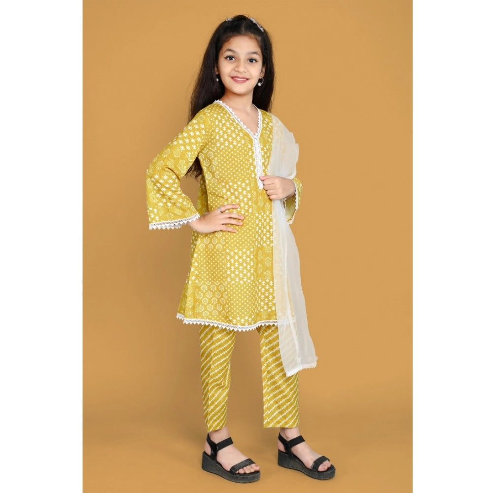 Yellow silk blend floral printed shiffli lace salwar kameez dupatta set, traditional Indian women's clothing accessory