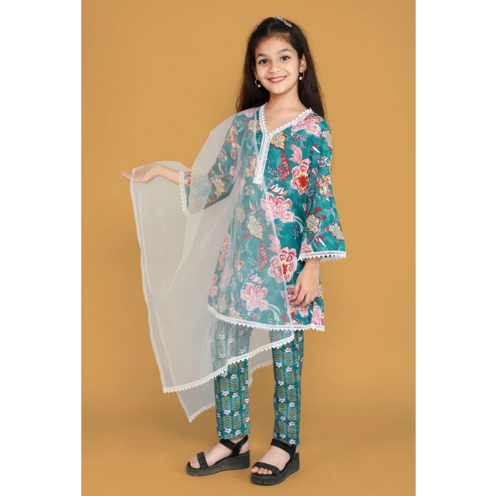 Teal silk blend floral printed shiffli lace salwar kameez dupatta set for girls, vibrant floral pattern detail
