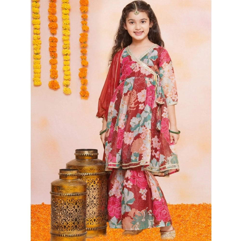Maroon rayon printed codding lace Anarkali-style suit for girls, intricate design on display