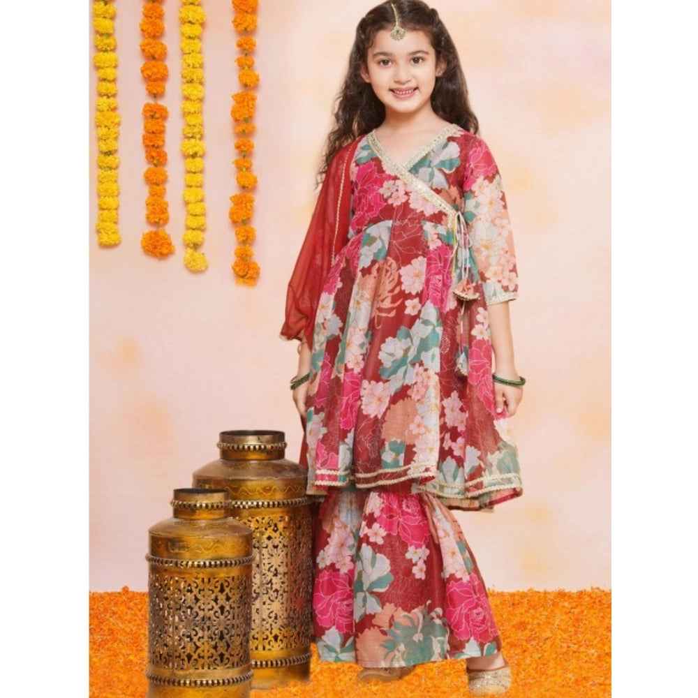 Maroon rayon printed codding lace Anarkali-style suit for girls on hanger or mannequin