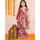 Maroon rayon printed codding lace Anarkali-style suit for girls on hanger or mannequin