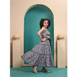 Grey Maslin printed crop top & flared skirt set, sleeveless & round neck, vintage-inspired fashion for girls